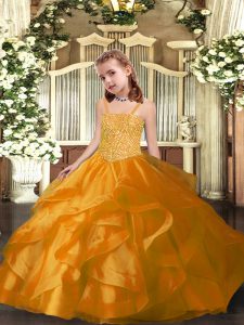 Fashion Orange Ball Gowns Organza Straps Sleeveless Beading and Ruffles Floor Length Lace Up Pageant Gowns For Girls
