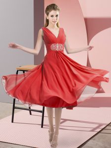 Glittering Coral Red Court Dresses for Sweet 16 Prom and Party and Wedding Party with Beading V-neck Sleeveless Side Zipper