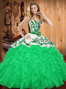 Cute Green Sleeveless Floor Length Embroidery and Ruffles Lace Up Quince Ball Gowns