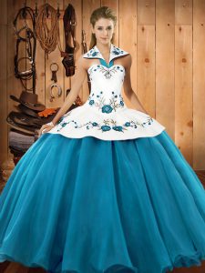 Teal Satin and Tulle Lace Up Halter Top Sleeveless Floor Length Quinceanera Gowns Embroidery