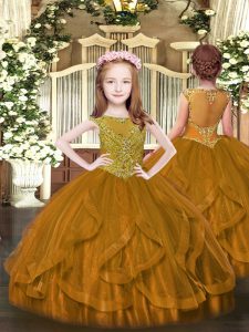 Sleeveless Tulle Floor Length Zipper Little Girl Pageant Dress in Brown with Beading and Ruffles