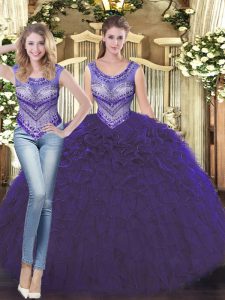 Low Price Sleeveless Floor Length Beading and Ruffles Lace Up Quinceanera Gown with Purple