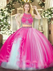 Superior Hot Pink Ball Gowns Scoop Sleeveless Organza Floor Length Zipper Beading and Ruffles Sweet 16 Dresses