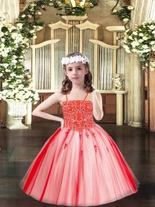 Sleeveless Floor Length Beading Lace Up Little Girl Pageant Dress with Coral Red