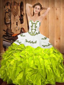 Spectacular Yellow Green Ball Gowns Embroidery and Ruffles 15 Quinceanera Dress Lace Up Satin and Organza Sleeveless Floor Length