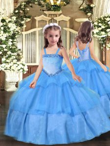 Customized Sleeveless Lace Up Floor Length Appliques Pageant Gowns For Girls