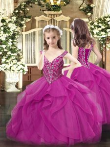 Stylish Tulle V-neck Sleeveless Lace Up Beading and Ruffles Little Girl Pageant Dress in Fuchsia
