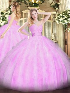 Glamorous Lilac Lace Up Quinceanera Gowns Beading and Ruffles Sleeveless Floor Length
