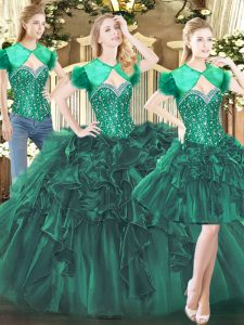 Sleeveless Floor Length Beading and Ruffles Lace Up Quince Ball Gowns with Dark Green
