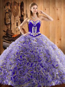 Eye-catching Sleeveless Satin and Fabric With Rolling Flowers With Train Sweep Train Lace Up Vestidos de Quinceanera in Multi-color with Embroidery