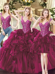 V-neck Sleeveless Sweet 16 Dress Floor Length Beading and Ruffles Fuchsia Organza