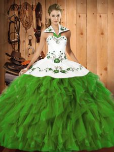 Halter Top Sleeveless Sweet 16 Dress Floor Length Embroidery and Ruffles Olive Green Satin and Organza