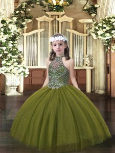 Olive Green Sleeveless Floor Length Beading Lace Up Pageant Dress Womens