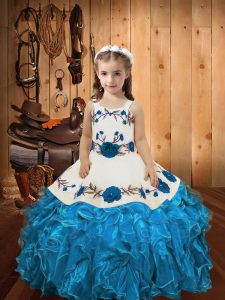 Baby Blue Ball Gowns Organza Straps Sleeveless Embroidery and Ruffles Floor Length Lace Up Little Girls Pageant Dress Wholesale