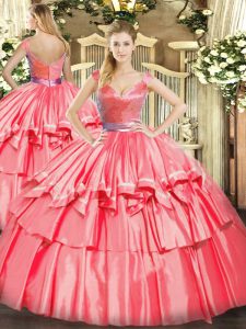 Hot Pink Tulle Zipper Sweet 16 Quinceanera Dress Sleeveless Floor Length Beading and Ruffled Layers