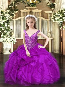 Admirable Purple Ball Gowns V-neck Sleeveless Organza Floor Length Lace Up Beading and Ruffles Little Girls Pageant Dress Wholesale