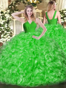 Green Organza Zipper V-neck Sleeveless Floor Length Quinceanera Dress Ruffles