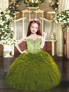Olive Green Ball Gowns Organza Spaghetti Straps Sleeveless Beading and Ruffles Floor Length Lace Up Child Pageant Dress