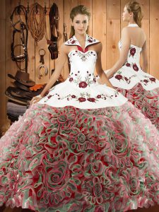 Halter Top Sleeveless Ball Gown Prom Dress Sweep Train Embroidery Multi-color Fabric With Rolling Flowers