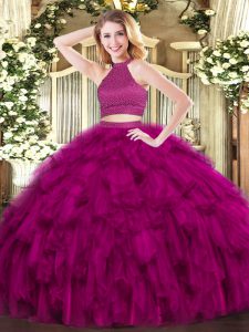 Glittering Fuchsia Ball Gowns Beading and Ruffles Sweet 16 Dress Backless Organza Sleeveless Floor Length