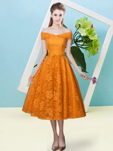 Orange Red Cap Sleeves Tea Length Bowknot Lace Up Quinceanera Dama Dress