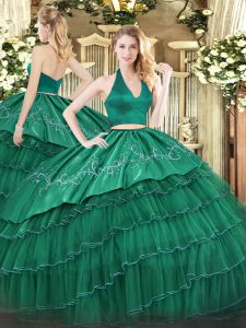 Custom Design Floor Length Two Pieces Sleeveless Dark Green Quinceanera Gowns Zipper
