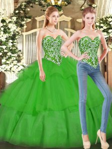 Floor Length Lace Up Quinceanera Gowns Green for Military Ball and Sweet 16 and Quinceanera with Beading and Ruffled Layers