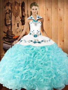 Designer Floor Length Aqua Blue Quinceanera Dresses Halter Top Sleeveless Lace Up
