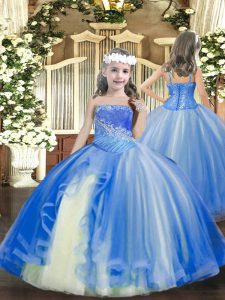 Unique Sleeveless Floor Length Beading Lace Up Girls Pageant Dresses with Baby Blue