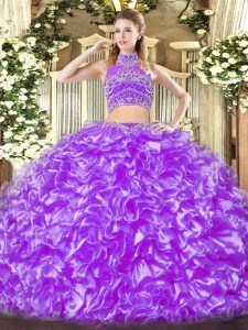 Lavender Two Pieces Beading and Ruffles Vestidos de Quinceanera Backless Tulle Sleeveless Floor Length