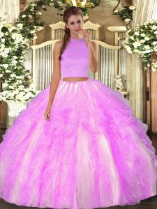 Halter Top Sleeveless Quinceanera Dress Floor Length Beading and Ruffles Lilac Organza