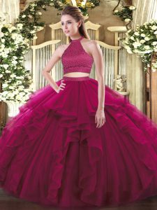 On Sale Floor Length Two Pieces Sleeveless Fuchsia Quinceanera Dress Backless