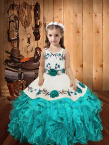Charming Floor Length Lace Up Evening Gowns Aqua Blue for Sweet 16 and Quinceanera with Embroidery and Ruffles