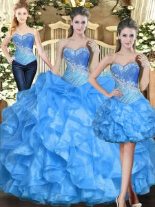 Most Popular Sweetheart Sleeveless Quinceanera Gown Floor Length Ruffles Baby Blue Organza