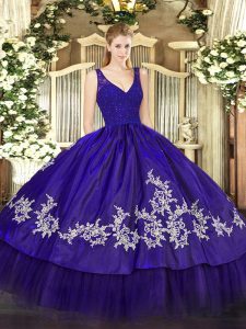 Floor Length Zipper Quinceanera Gowns Purple for Sweet 16 and Quinceanera with Beading and Appliques