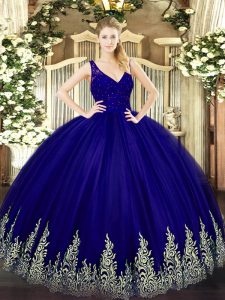 Eye-catching Purple Tulle Backless V-neck Sleeveless Floor Length Quinceanera Dresses Beading and Lace and Appliques