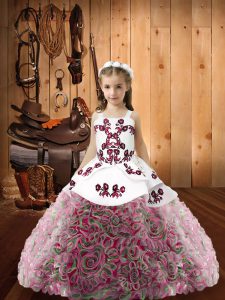 Multi-color Fabric With Rolling Flowers Lace Up Straps Sleeveless Floor Length Little Girls Pageant Dress Wholesale Embroidery and Ruffles