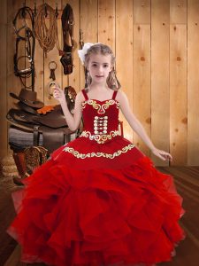 Red Ball Gowns Organza Straps Sleeveless Embroidery and Ruffles Floor Length Lace Up Child Pageant Dress