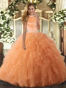 Great Orange Backless Halter Top Beading and Ruffles Sweet 16 Dresses Organza Sleeveless
