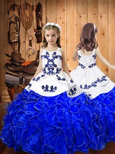 Embroidery and Ruffles Evening Gowns Royal Blue Lace Up Sleeveless Floor Length