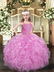 Elegant Sleeveless Organza Floor Length Lace Up Little Girls Pageant Dress in Rose Pink with Beading and Ruffles