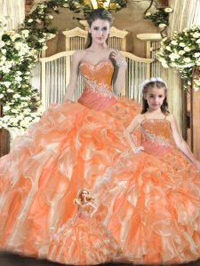 Orange Red Tulle Lace Up Sweet 16 Quinceanera Dress Sleeveless Floor Length Beading and Ruffles