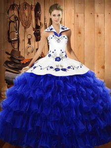 Clearance Royal Blue Ball Gowns Embroidery and Ruffled Layers 15 Quinceanera Dress Lace Up Organza Sleeveless Floor Length