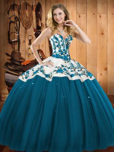 Embroidery Sweet 16 Quinceanera Dress Teal Lace Up Sleeveless Floor Length