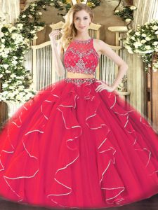 High End Floor Length Coral Red Quinceanera Dresses Organza Sleeveless Ruffles