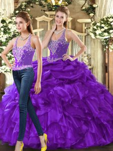 Eggplant Purple Straps Lace Up Beading and Ruffles 15 Quinceanera Dress Sleeveless