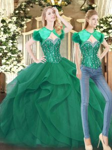 Dark Green Sleeveless Floor Length Beading and Ruffles Lace Up 15th Birthday Dress