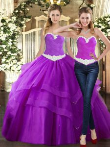 Tulle Sweetheart Sleeveless Lace Up Beading and Ruching 15th Birthday Dress in Purple