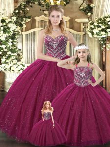 New Style Burgundy Ball Gowns Tulle Sweetheart Sleeveless Beading Floor Length Lace Up 15 Quinceanera Dress