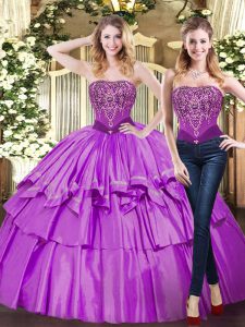 Trendy Eggplant Purple Ball Gowns Strapless Sleeveless Tulle Floor Length Lace Up Beading and Ruffled Layers Vestidos de Quinceanera